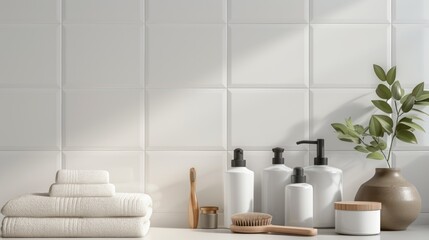 Fototapeta premium White Bathroom Counter WithðŸ§´, ðŸŒ¿, And Folded Towels.