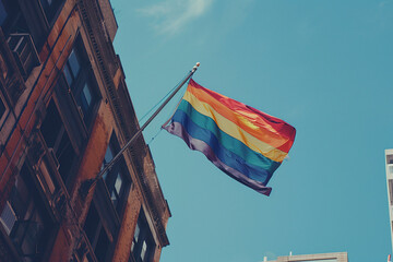 horizontal image of a rainbow flag hanging from a building and flowing in a clear blue sky in a gay pride celebration context