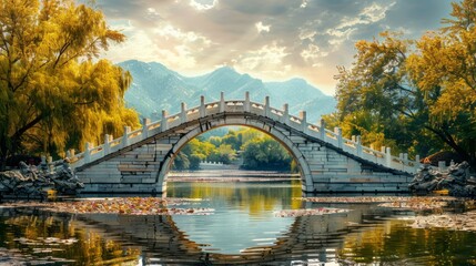 Graceful Stone Arch Bridge Over Calm Lake In Tranquil Park With Autumn Trees And Distant Mountains