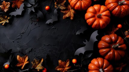 Halloween Pumpkins And Bats On Black Stone Background.