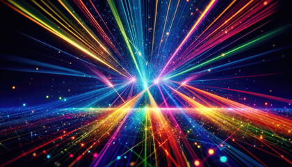 Obraz premium A dynamic display of laser lights sweeping through the air in rainbow colors.