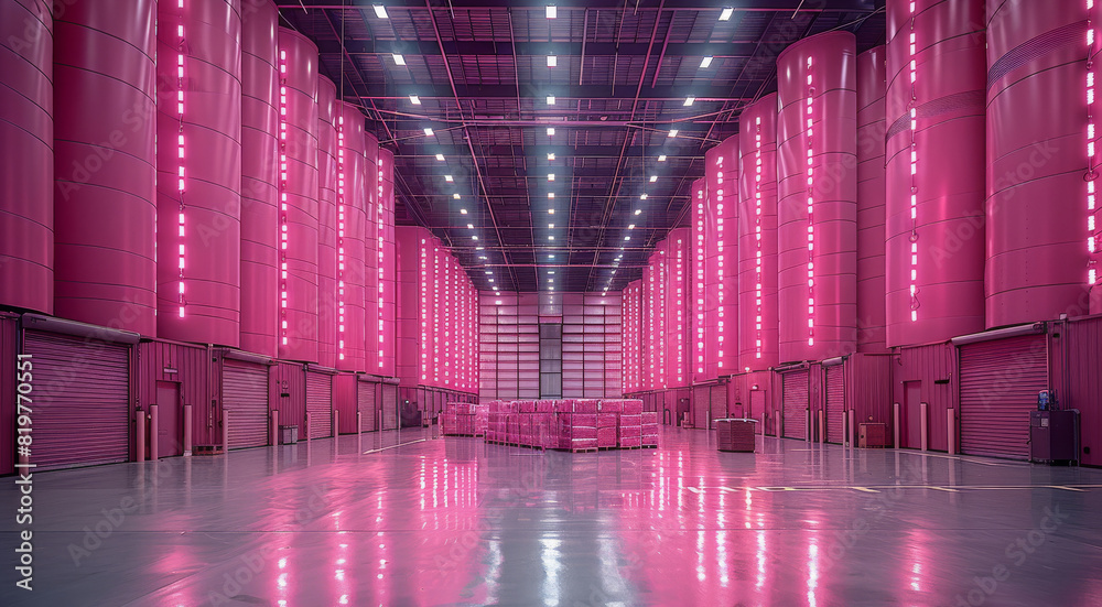 Poster giant depot with pink package from floor to ceiling. generative ai.
