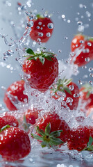 set of strawberries falling into a bowl with splashing water.