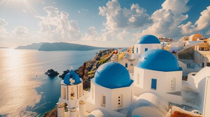 Santorini, Greece. Amazing View Of The Famous Whitewashed Buildings And Blue Domed Churches Of Oia Town.