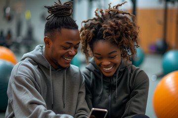 young couple of friends smiling and interacting with their mobile phones while resting in the gym.  - Powered by Adobe
