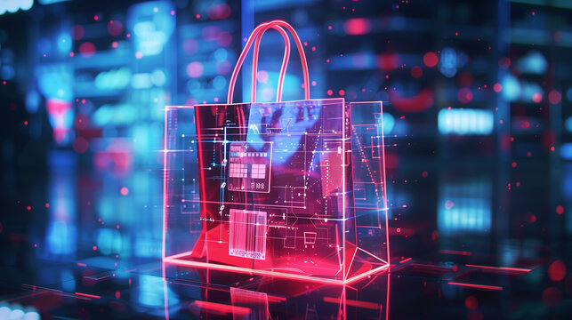 A digital image of a shopping bag with a QR code on it. The image is in a futuristic setting with neon lights and a sense of technology