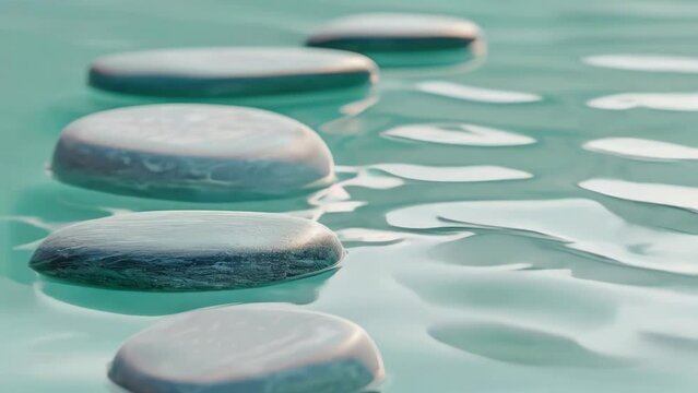 A series of white pebbles are floating on the surface of a body of water. The pebbles are arranged in a line, creating a sense of calm and tranquility. Evokes a feeling of serenity