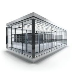 3D server room model, all 4 walls are glass, strong, containing many servers in the form of innovative technology of the future world.