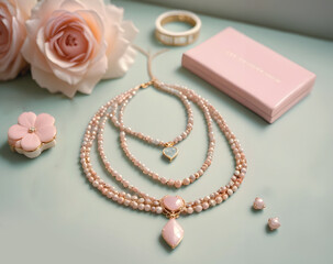 Drogocenna pastelowa biżuteria z kamieni naturalnych i pereł oraz muszli z różą i eleganckim pudełkiem na biżuterię w tle