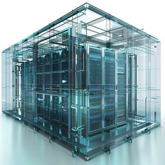 3D server room model, all 4 walls are glass, strong, containing many servers in the form of innovative technology of the future world.