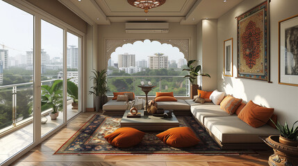 A lavish apartment home adorned with contemporary designs and traditional Indian influences. Ai Generated