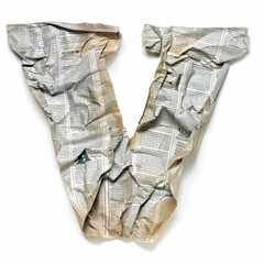 Letter V from crumpled newspaper on a clean white background. Fashion scrapbook lettering concept. Generative AI