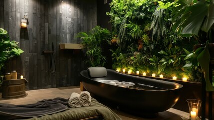 Luxurious Bathroom With Black Bathtub, Green Living Wall, And Candles.