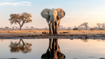 Elephant Standing Tall In The African Savanna, Reflecting In The Water Below, With A Stunning...