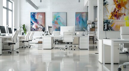Modern office interior design. Modern art adorned office space bathed in natural light
