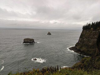 Green trees on top of the cliff with the sea in the background under the gloomy cloudy sky