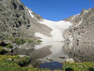 Snow on the big rocky mountains reflected in the waters of the clear lake on a sunny day