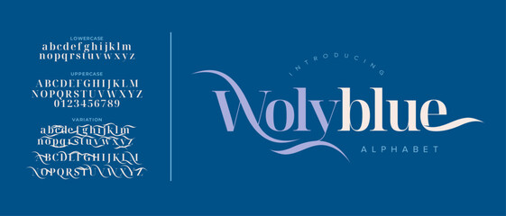 Wolyblue elegant font alphabet uppercase lowercase and number. Classic lettering minimal fashion designs. Typography modern serif fonts regular decorative vintage concept. Vector illustration