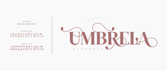 Umbrella elegant font alphabet uppercase lowercase and number. Classic lettering minimal fashion designs. Typography modern serif fonts regular decorative vintage concept. Vector illustration