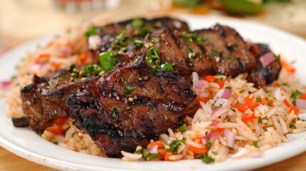 Fototapeta premium Savory grilled meat atop seasoned rice, adorned with fresh herbs and diced red onions, showcasing tanzanian flavors