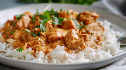 Traditional tanzanian chicken curry with white rice and fresh parsley, showcasing the rich flavors of east african cuisine