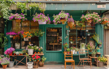 Fototapeta na wymiar A charming flower shop in the streets of Paris, with vibrant flowers and green plants outside its doors, creating an inviting atmosphere for customers