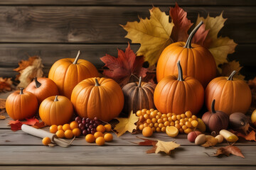 Thanksgiving background: Apples, pumpkins, fallen leaves on wood. Room for text. Halloween, Thanksgiving, or seasonal backdrop.