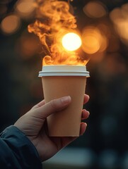 Hand holding a steaming recycled paper coffee cup with the morning sun illuminating the scene Emphasize the texture of the cup and the quiet moments.