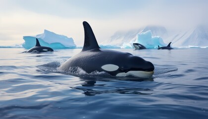 Fototapeta premium Groups of Orcas or killer whales swim and hunt for prey, the top of the food chain in a sea of ​​ice floes