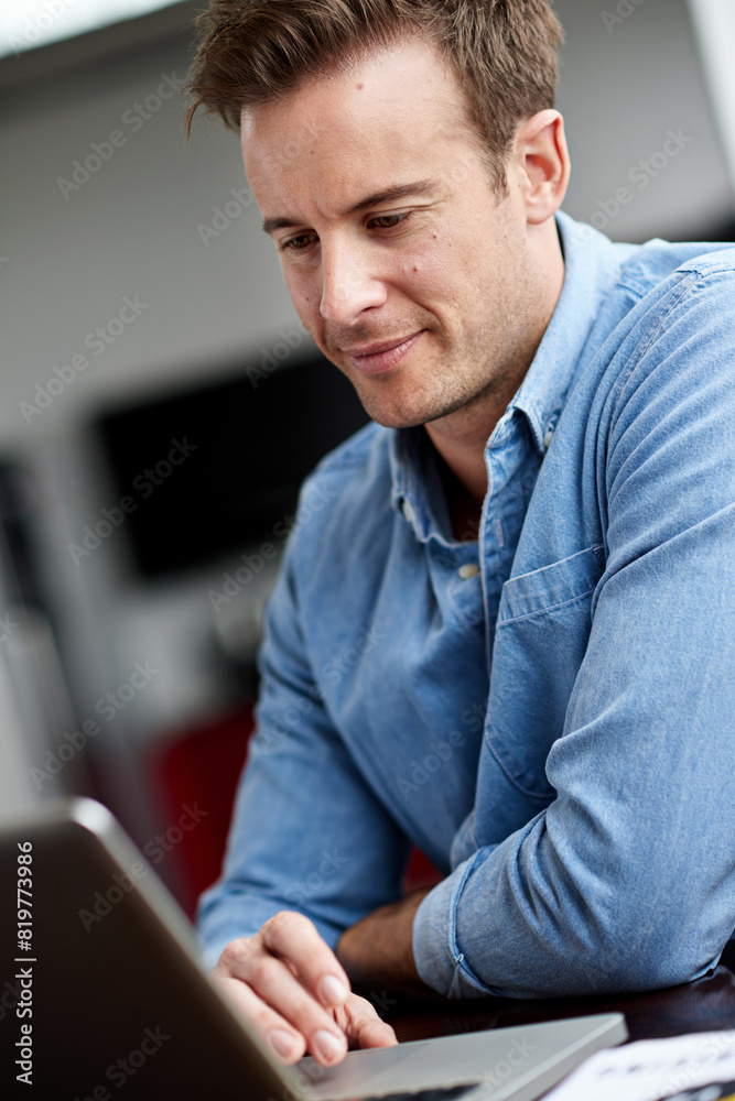 Leinwandbilder Businessman, laptop and research in office for startup, project and programming at desk. Software developer, designer and learning with technology for coding in workplace for cybersecurity with pride