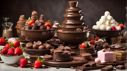 Experience the ultimate chocolate lover's dream, with a luxurious chocolate fountain overflowing with an array of delectable treats, from juicy strawberries to fluffy marshmallows, all waiting to be d