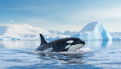 Fototapeta premium Groups of Orcas or killer whales swim and hunt for prey, the top of the food chain in a sea of ​​ice floes