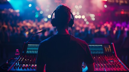 A DJ is mixing music at a concert. He is wearing headphones and is surrounded by people.