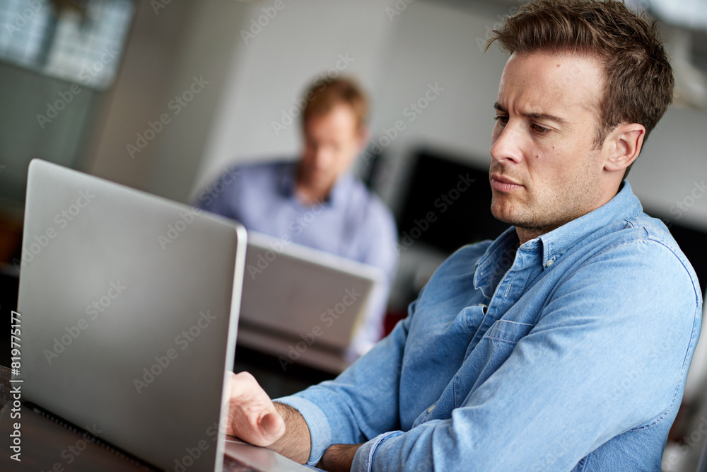Poster business man, laptop and research as tech specialist or online brainstorming, solution or developer.