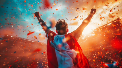 A French soccer fan celebrates passionately, arms raised amidst vibrant confetti. The dynamic scene...