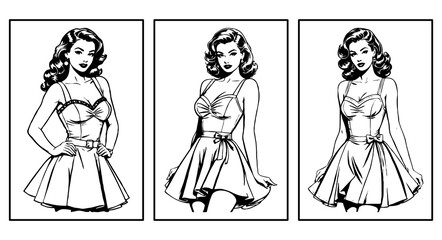 Fototapeta premium Set of 3 Black and white illustration. Fictional female character in the Pin Up style. Generated by Ai