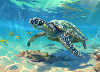 A sea turtle swimming near the ocean floor, surrounded colorful fish in clear blue water.