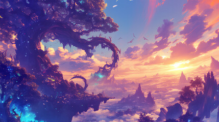 Beautiful fantasy world, serene landscape with magical creatures
