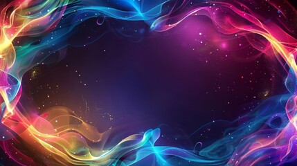 Fototapeta premium Neon abstract design with dynamic shapes and rainbow colors around the edges, central area left blank for text