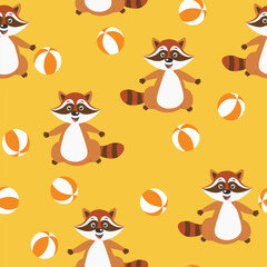 Vector seamless repeating childish pattern with cute raccoon in doodle style. Animals background for invitation, poster, card, flyer, textile, fabric