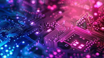 A computer chip with a purple and blue background. The chip is made up of many small squares and is very colorful