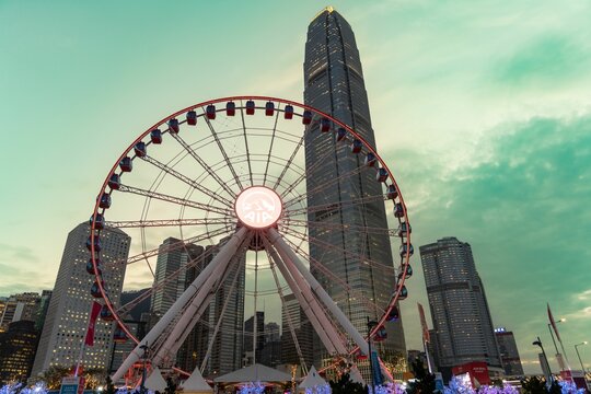 Low angle of The AIA Observation Wheel in central Waterfront Hong Kong