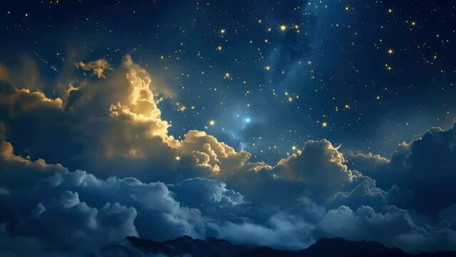 The sky is filled with clouds and stars, creating a serene and peaceful atmosphere. The stars are scattered throughout the sky, with some shining brighter than others. The clouds are fluffy and white