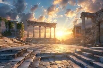 Obraz premium Ancient Greco-Roman hall interior with a circular stone podium surrounded by grand Corinthian columns. Beautiful simple AI generated image in 4K, unique.