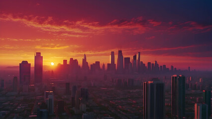 Fototapeta premium The sun sets in a warm glow behind a silhouette of skyscrapers, suggesting the close of a busy day in the city
