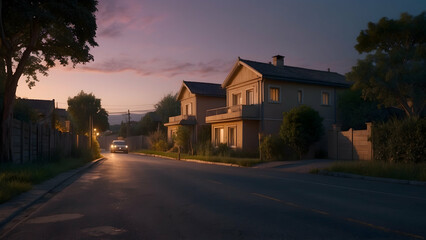 A calm evening setting where the street is lit by warm lights from the houses and street lamps, capturing the essence of suburban life
