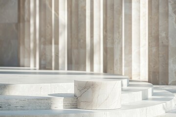 Ancient Greco-Roman hall interior with a circular stone podium surrounded by grand Corinthian columns. Beautiful simple AI generated image in 4K, unique.