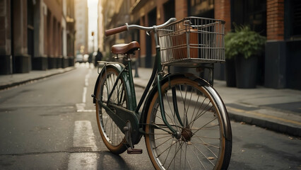 Obraz premium Vintage green bicycle with basket parked on an empty city street during daytime