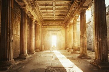 Fototapeta premium Ancient Greco-Roman hall interior with a circular stone podium surrounded by grand Corinthian columns. Beautiful simple AI generated image in 4K, unique.