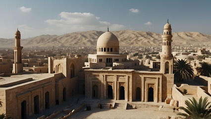 Naklejka premium A cityscape of a Middle Eastern city with a traditional mosque and historical architecture